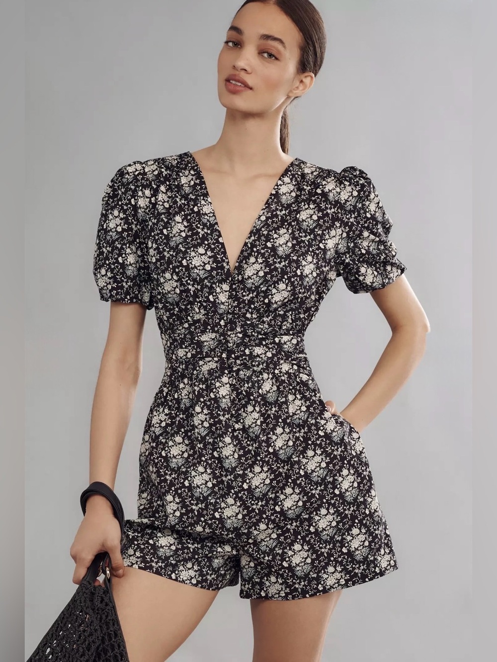 NWT Anthropologie Floral Puff Sleeve Romper Black White XL